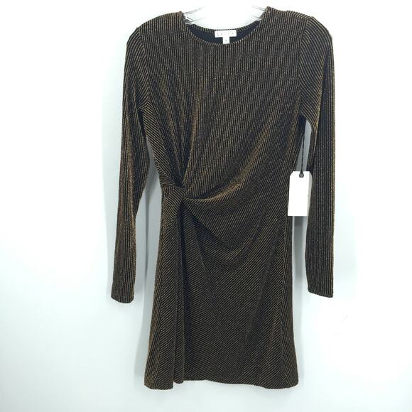 Leith Faux Wrap Mini Dress Long Sleeve Striped Black Metallic Gold Small SPARKLE - Picture 1 of 5
